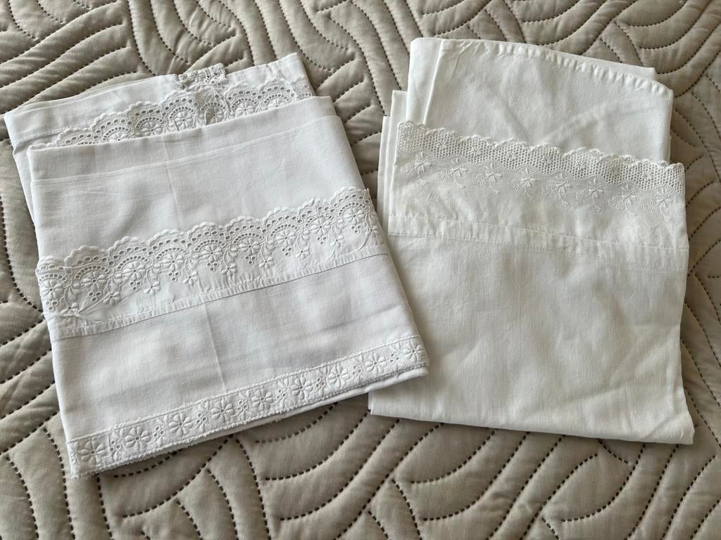 2x Set VINTAGE Wieg/Kinderwagen lakentjes, midden jaren ‘50, Ophalen of Verzenden, Zo goed als nieuw, Wieg