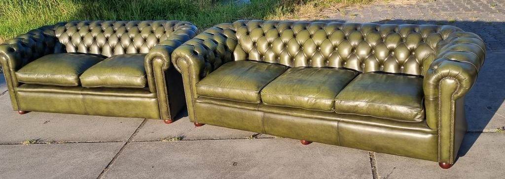 Chesterfield bankstel groen leer + BEZORGING GRATIS