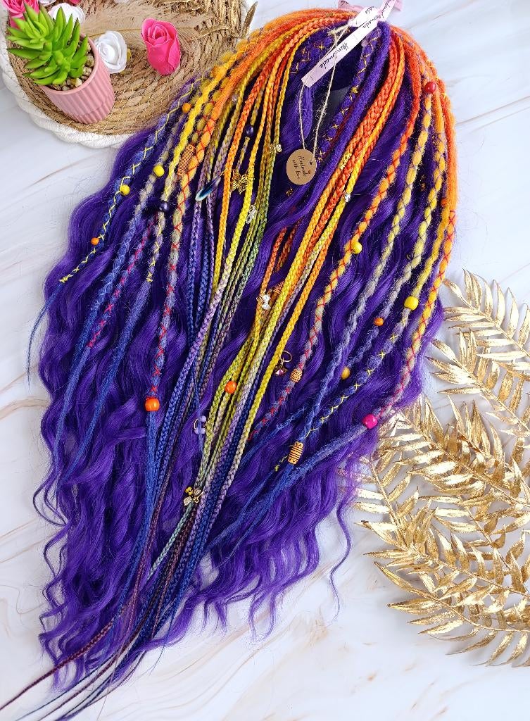 Paarse en oranje golvende dreadlock extensions set, Ophalen of Verzenden, Nieuw, Pruik of Haarverlenging
