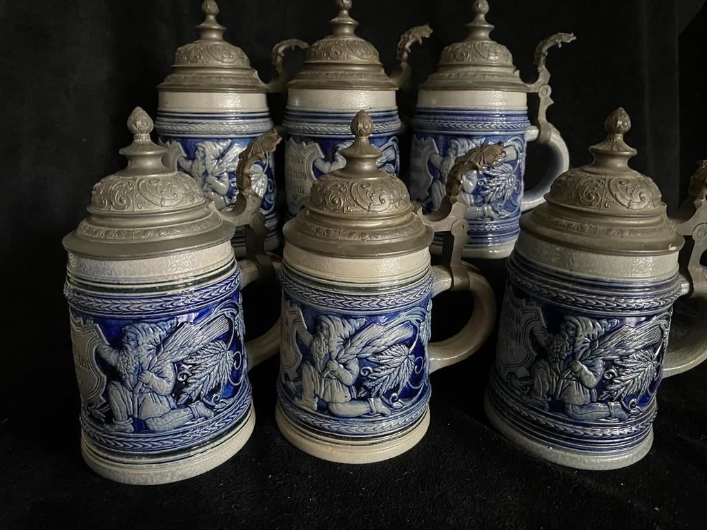 6 stuks Antieke Westerwald Bierpullen met Tinnen Deksel, Antiek en Kunst, Antiek | Keramiek en Aardewerk, Ophalen of Verzenden