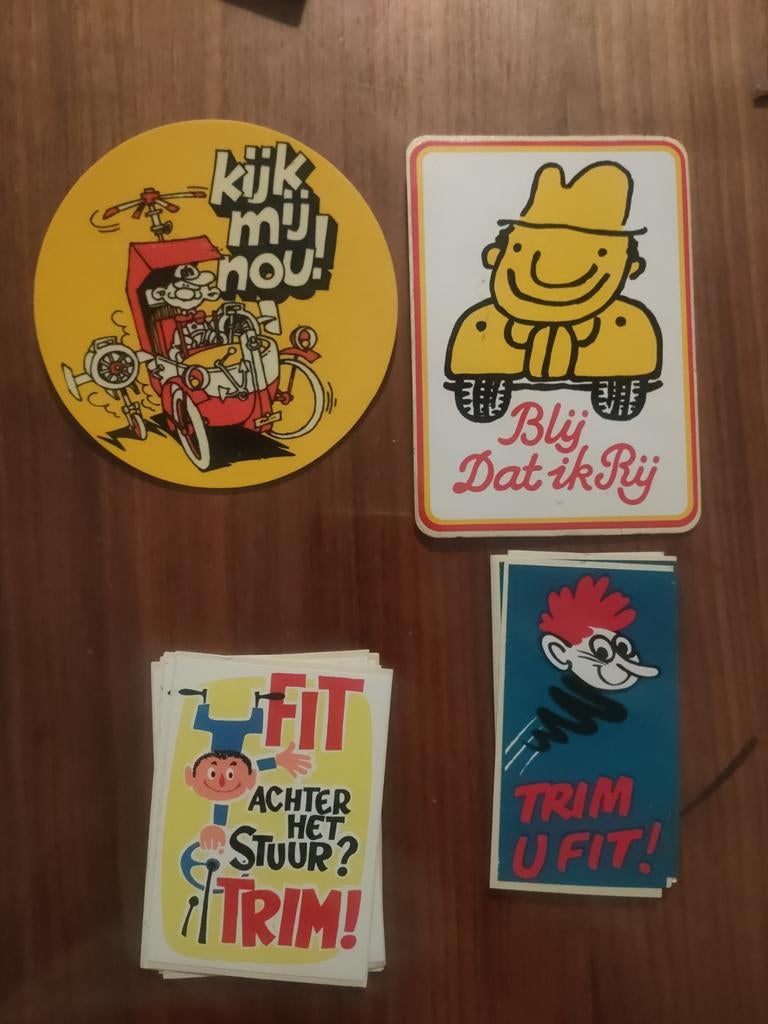 Vintage Stickers - Blij dat ik Rij, Trim u Fit, Kijk mij nou, Verzamelen, Ophalen of Verzenden, Gebruikt, Auto of Motor