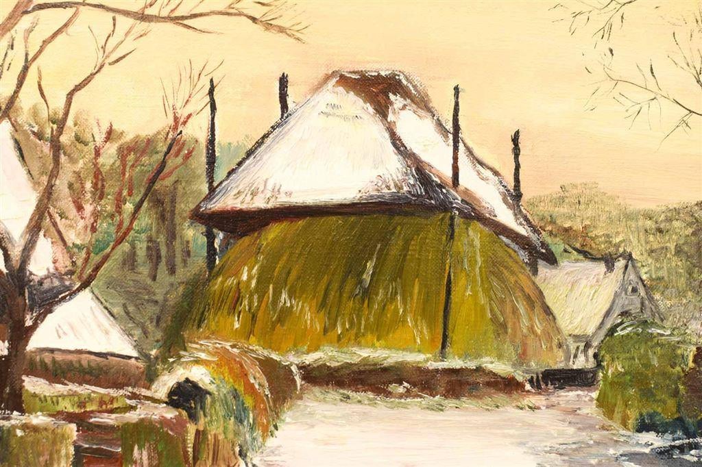 Schilderij van een boerderij en een hooiberg in de winter 49, Minder dan 50 cm, Gebruikt, Ophalen of Verzenden, Schilderij