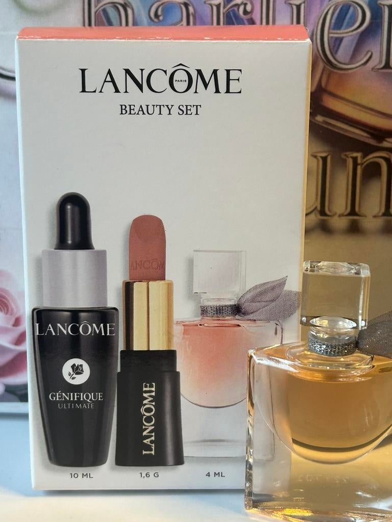 Lancôme - beauty set miniature parfum, lipstick & serum, Ophalen of Verzenden, Nieuw, Lippen, Toebehoren