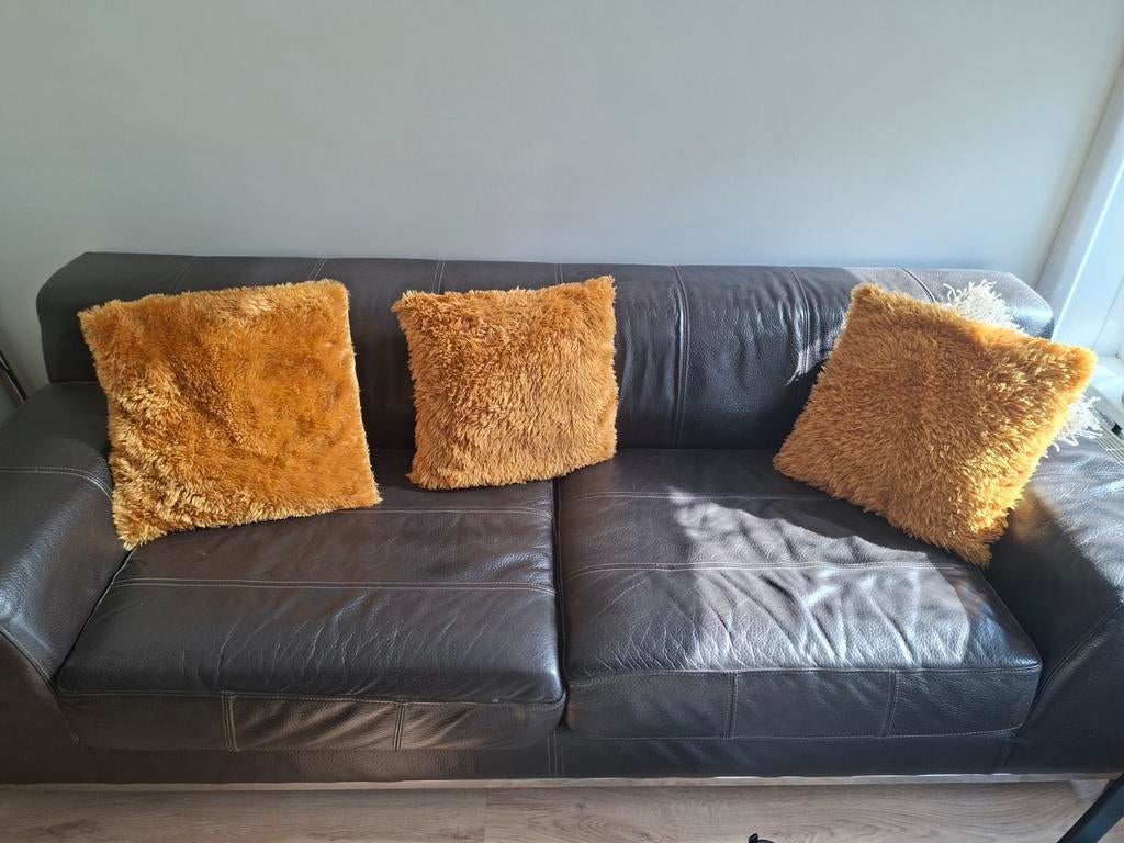 Donkerbruine skai leren bank, Ophalen, Gebruikt, 75 tot 100 cm, Leer