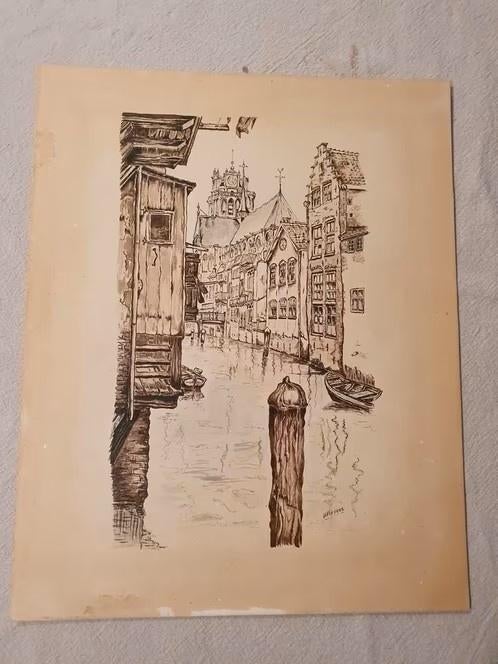 Originele pentekening oude Haven Dordrecht H. Pieters, Ophalen