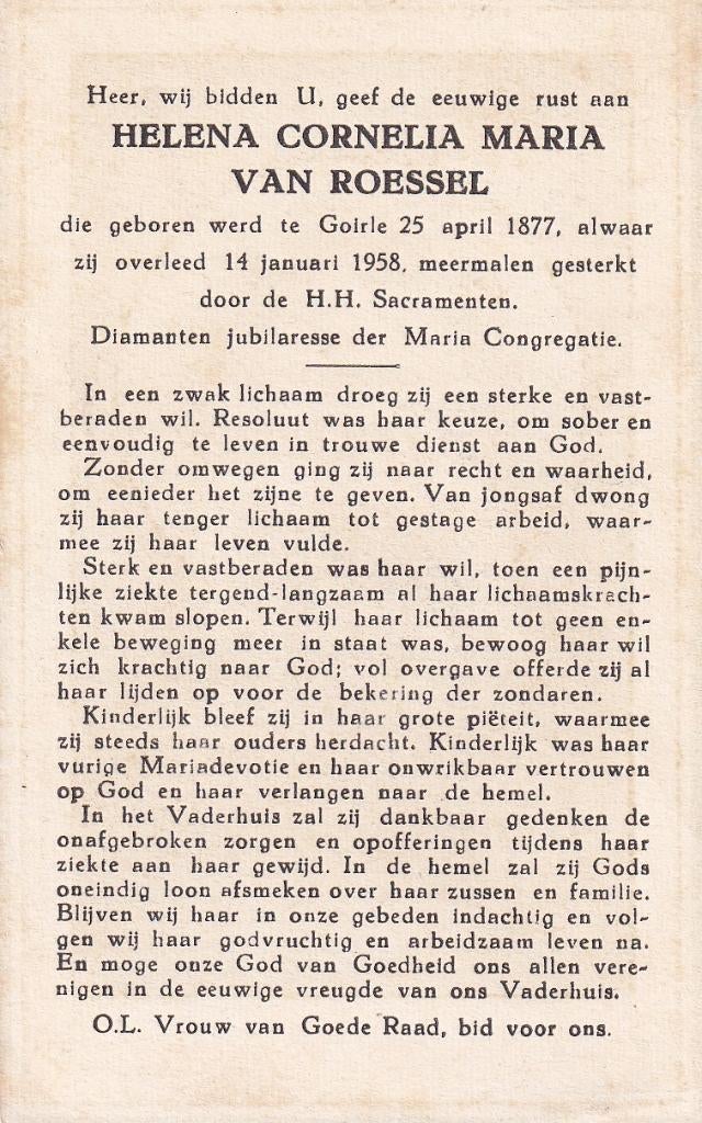 Roessel Helena 1877 Goirle 1958, Ophalen of Verzenden, Bidprentje