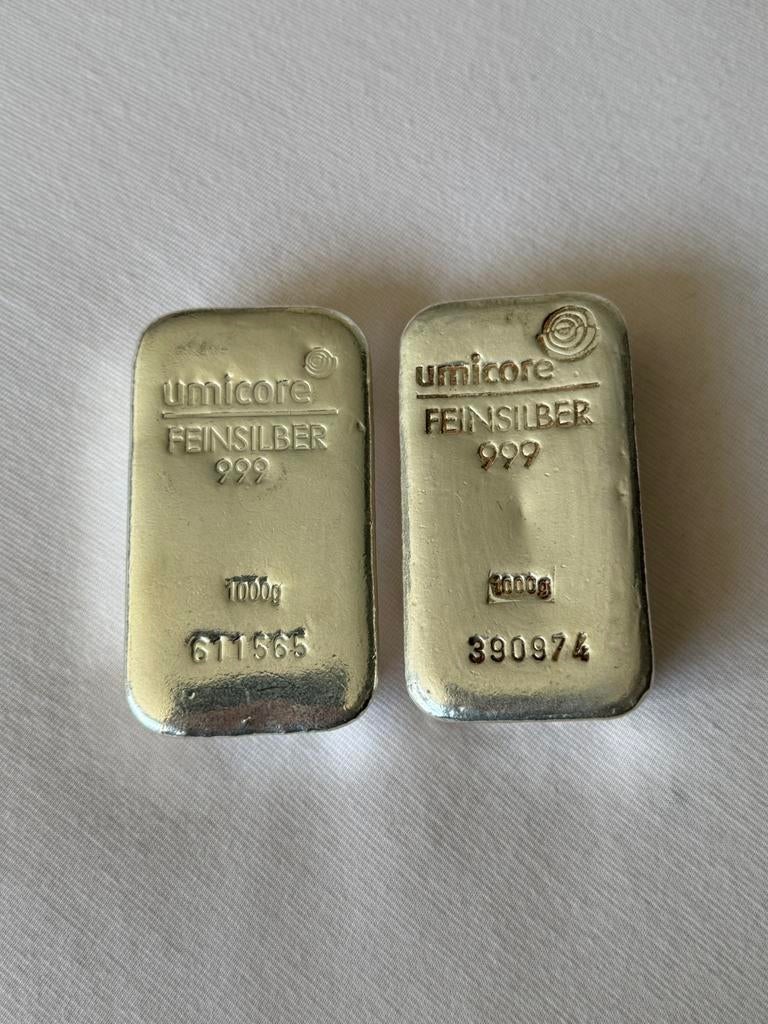 2x 1kg zilverbaar Umicore LBMA (1 met aankoopfactuur), Postzegels en Munten, Edelmetalen en Baren, Zilver, Ophalen
