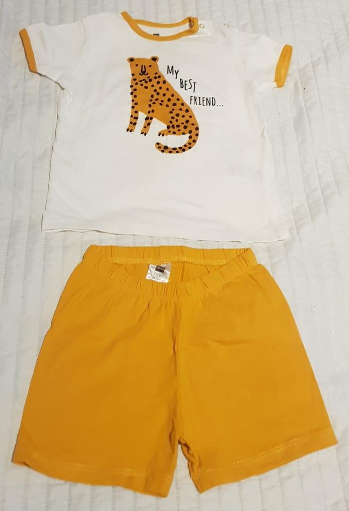 Hema setje wit oker geel luipaard baby kleding maat 74 80, Verzenden, Zo goed als nieuw, Setje, Hema