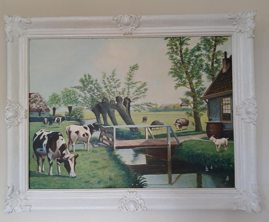 Schilderij boerenlandschap en dieren geit ,koeien + schapen, Antiek en Kunst, Ophalen