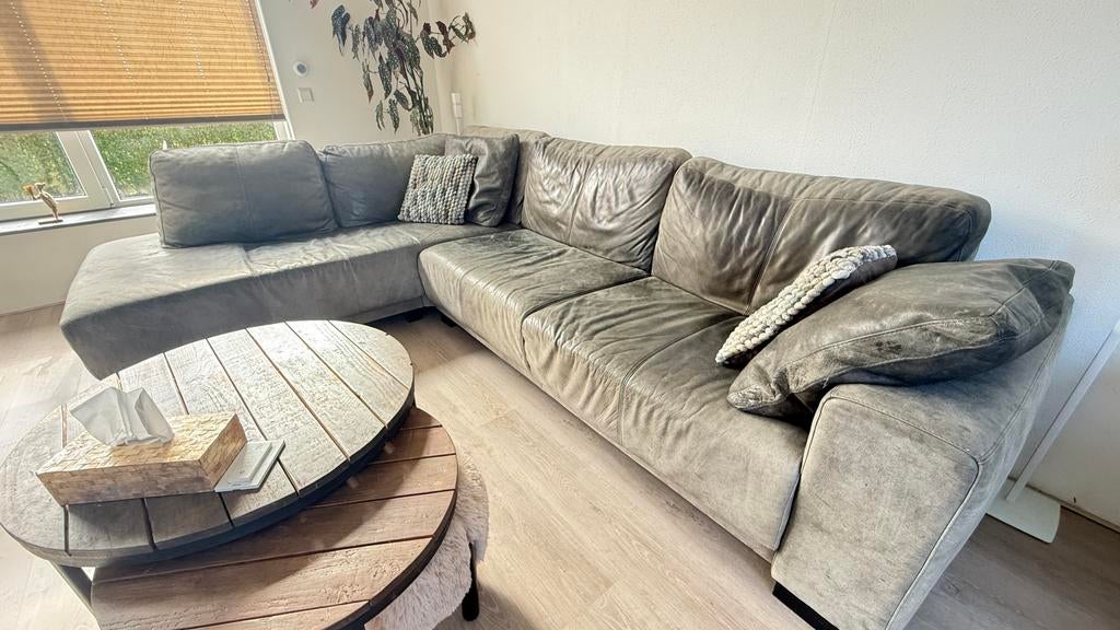 Lederen hoekbankstel ongedekt buffelleer.., Ophalen, 250 tot 300 cm, Gebruikt, Hoekbank