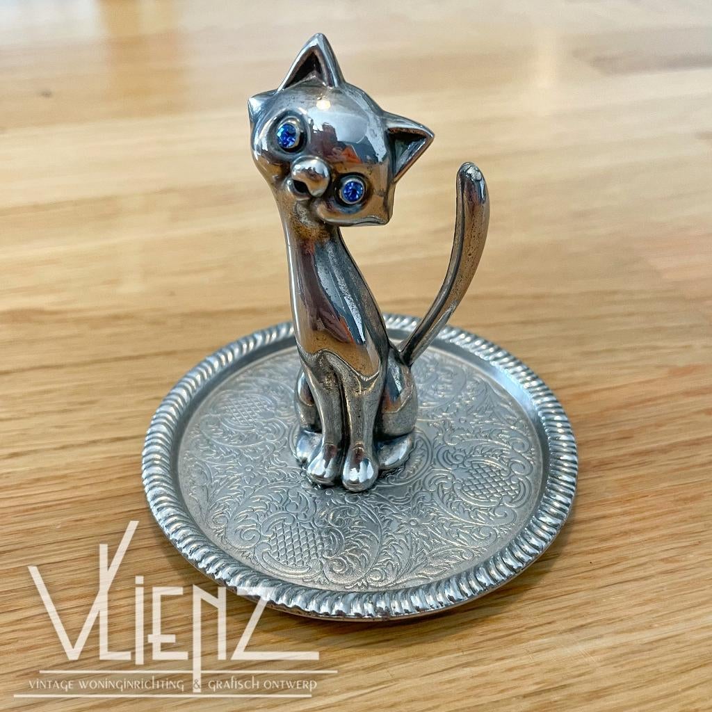 Vintage, retro, verzilverde ringhouder sieraden poes, kat, Antiek en Kunst, Curiosa en Brocante, Ophalen of Verzenden