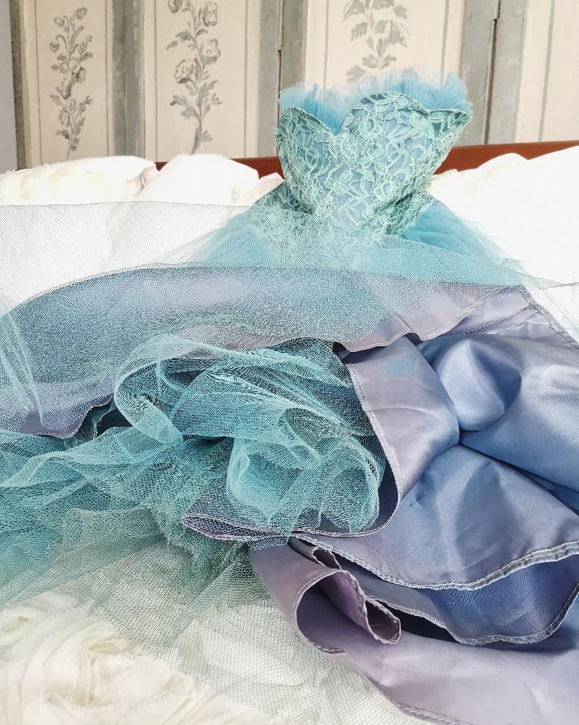 prachtige oude PETROL BLAUWE volle TULE JURK / dress, Ophalen of Verzenden, Dames