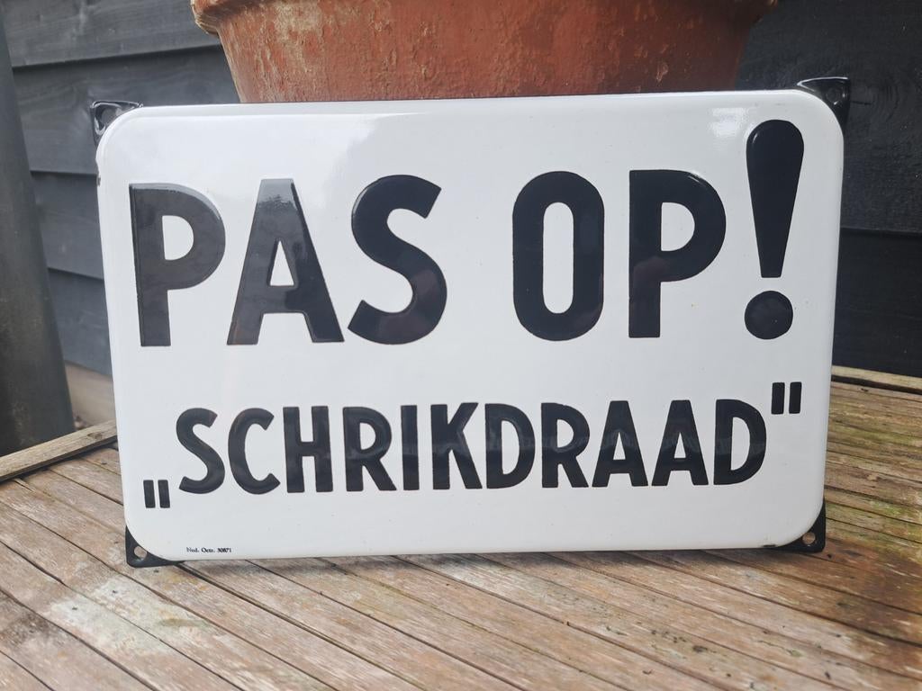 Emaille reclame , emaille reclamebord schrikdraad., Ophalen of Verzenden, Gebruikt, Reclamebord