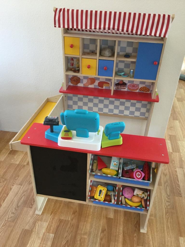 Superleuk houten winkeltje met als extra kassa, levensmiddel, Kinderen en Baby's, Speelgoed | Houten speelgoed, Ophalen, Zo goed als nieuw