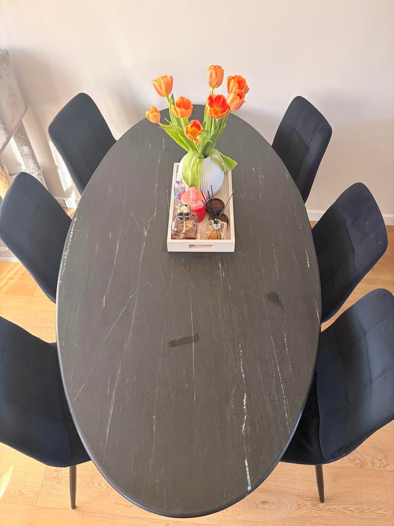 Marmeren Eettafel met 6 stoelen, Huis en Inrichting, Ophalen, Gebruikt, 50 tot 100 cm, Vijf personen of meer