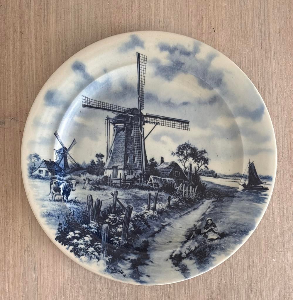 Delfts Blauw Wandbord - Hollandse Molenlandschap, Antiek en Kunst, Ophalen of Verzenden