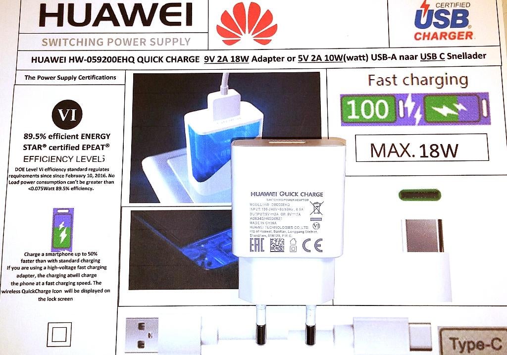 Huawei HW-059200EHQ 9V 2A 5W 18W Snellader AC adapter USB C, Telecommunicatie, Mobiele telefoons | Telefoon-opladers, Nieuw, Overige merken