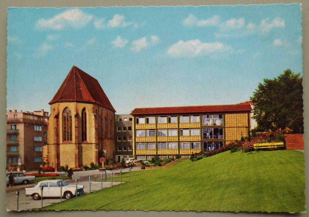 Pforzheim - Duitsland - Kirche - oude autos - Peugeot 404, Ophalen of Verzenden, 1960 tot 1980, Ongelopen, Duitsland