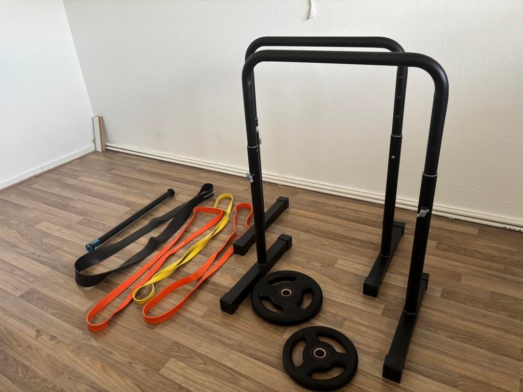 Complete Fitness Set: Dips Bars, Optrekstang, Gewichten & Ba, Ophalen, Gebruikt, Armen, Oprekstang