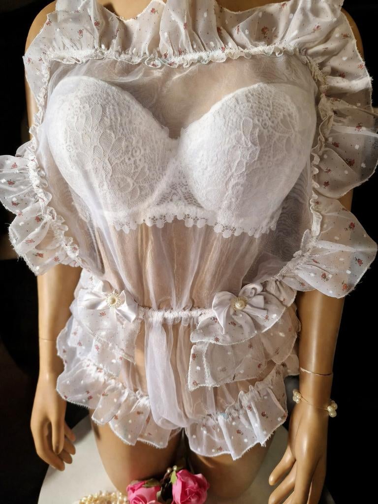 White Lace Sissy Lingerie Romper with Ruffles and Bows, Handmade, Verzenden, Wit, Body of Korset