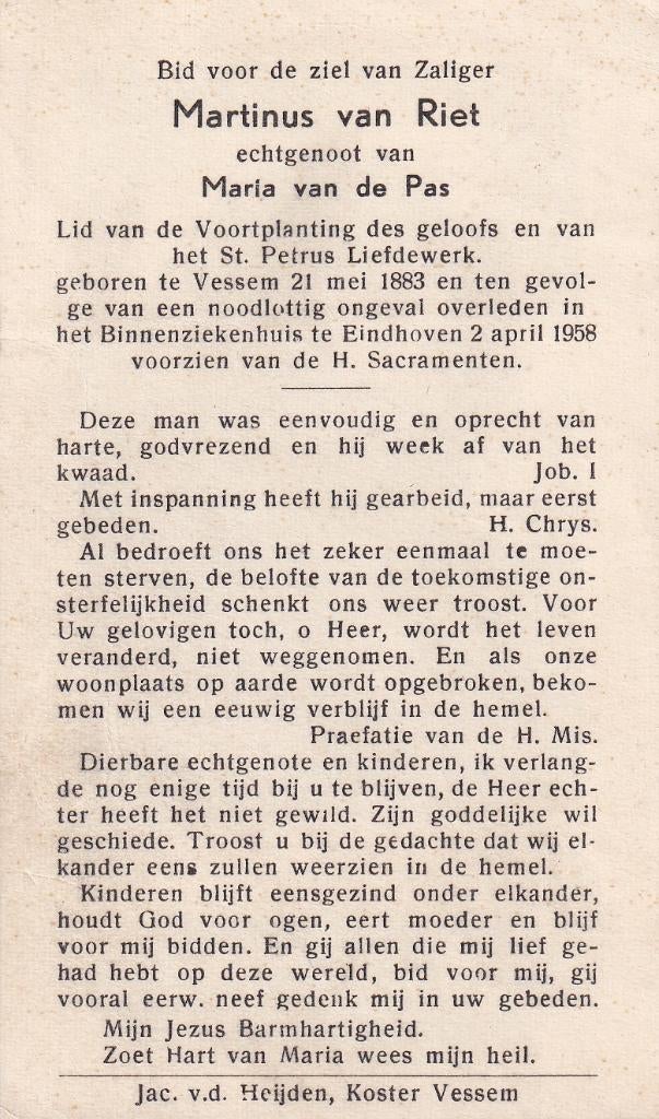 Riet Martinus 1883 Vessem 1958 Eindhoven ongeval, Ophalen of Verzenden, Bidprentje