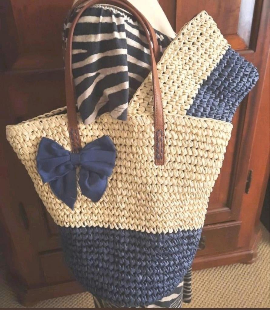 Blauw beige papieren raffia tas met toilettas, Verzenden, Nieuw, Blauw, Schoudertasje