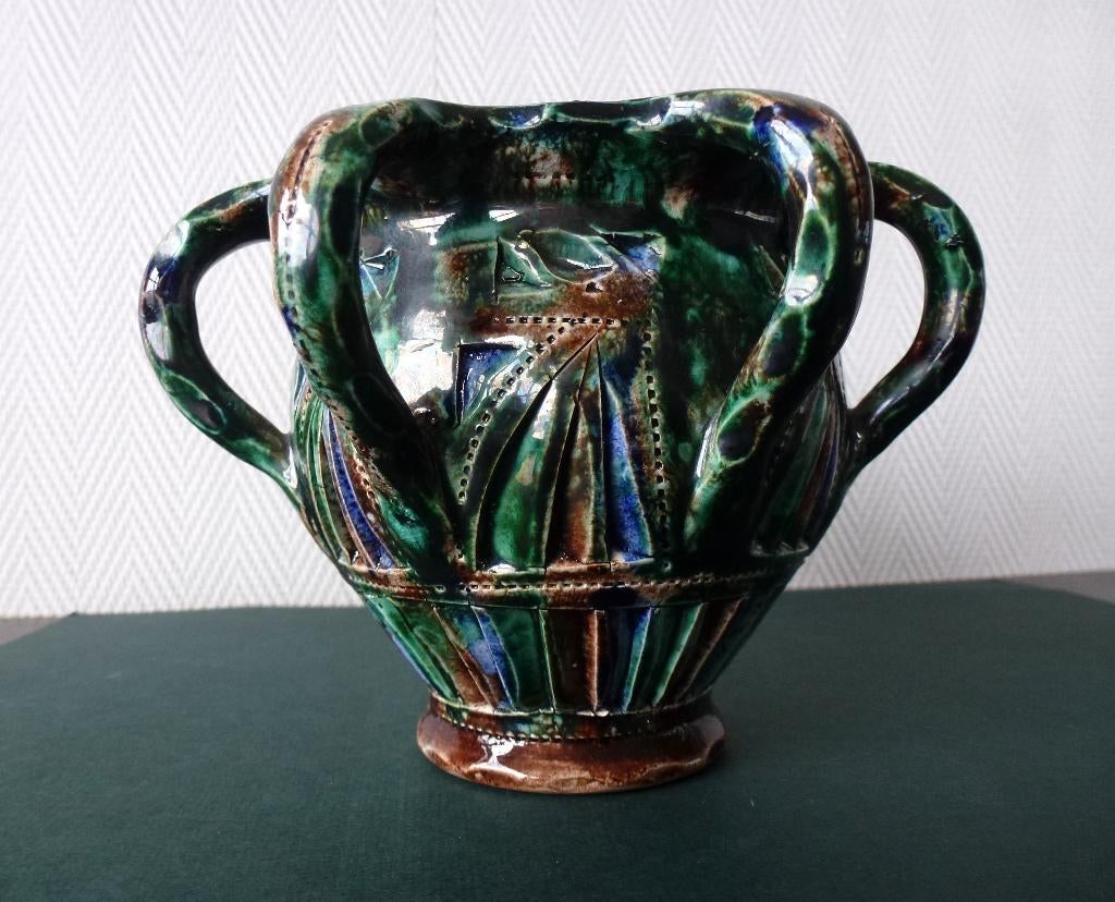 Antiek Fries kerfsnijwerk aardewerk vaas, Workum 1935, Ophalen of Verzenden