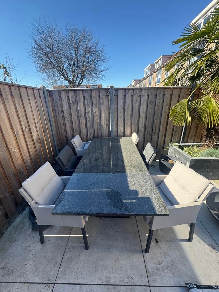 Tuintafel met donkergrijs natuursteen blad, Tuin en Terras, Tuintafels, Ophalen, Gebruikt, Rechthoekig, Overige materialen