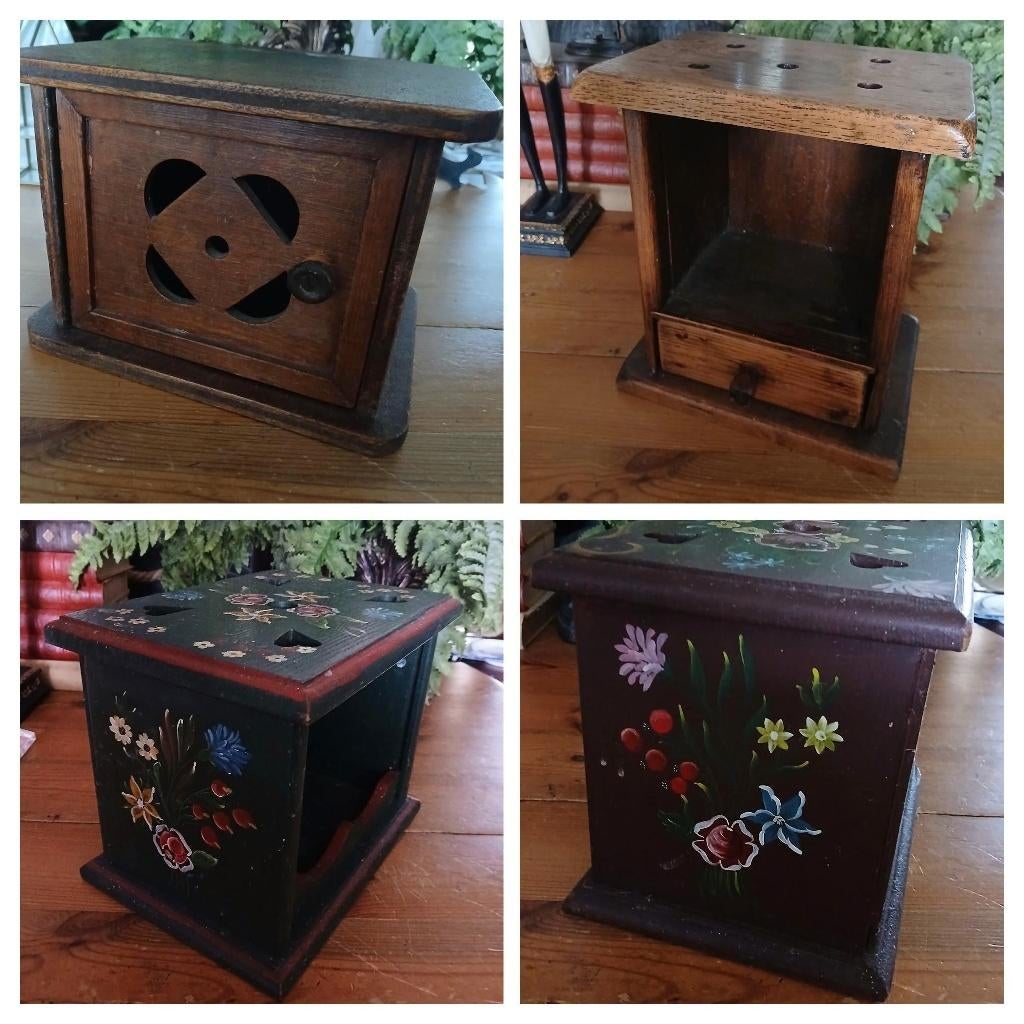 Oud houten stoofje - deurtje - lade - Hindeloopen, Antiek en Kunst, Curiosa en Brocante, Ophalen of Verzenden