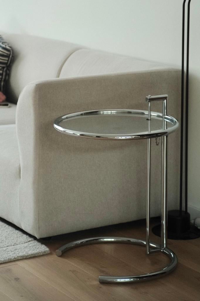 Eileen Gray vintage bijzettafel - chrome & glas, Minder dan 55 cm, Gebruikt, Rond, Glas
