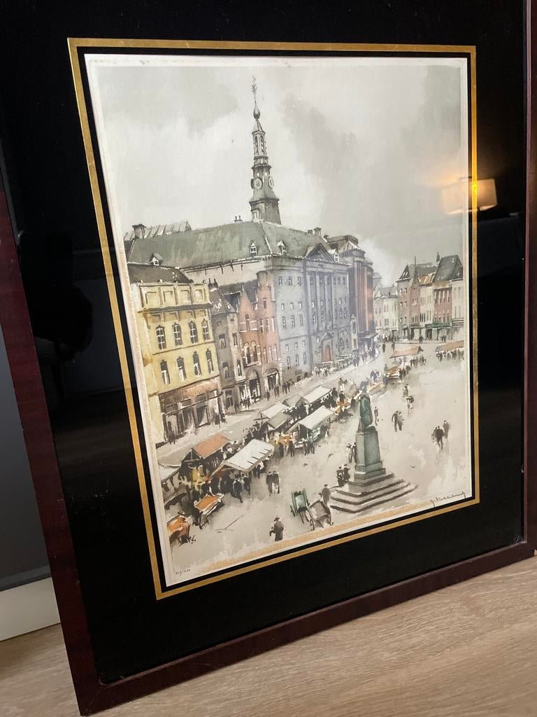Prent R. Hebbelinck - Markt ‘s Hertogenbosch, Antiek en Kunst, Kunst | Schilderijen | Klassiek, Ophalen of Verzenden