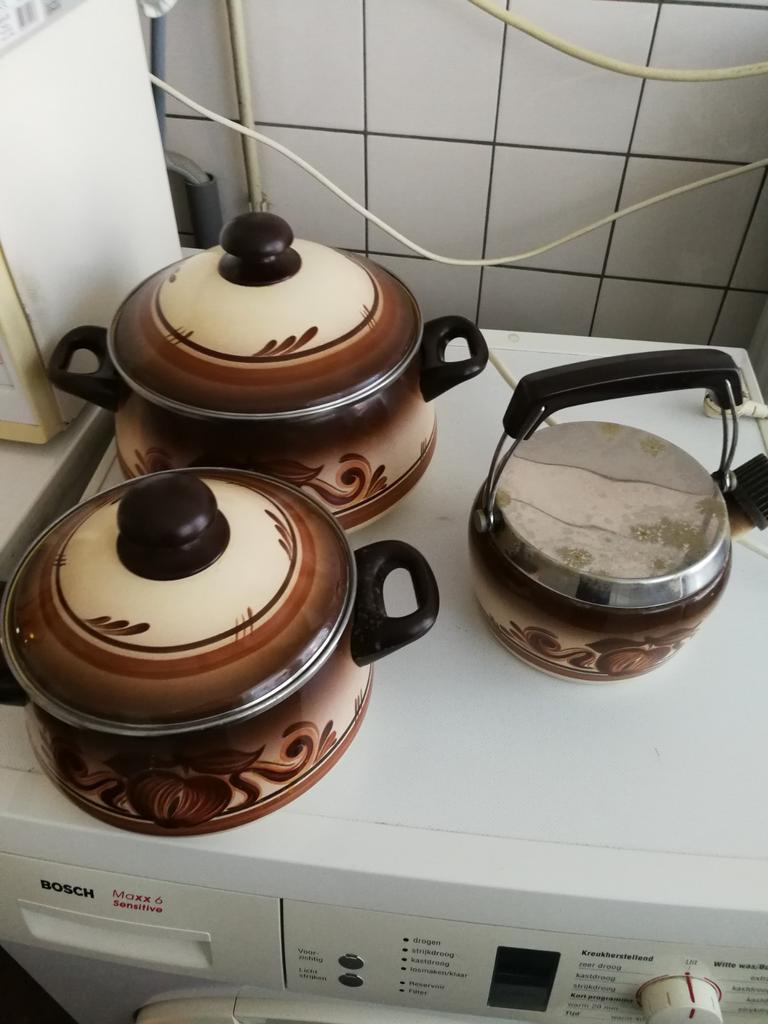 Stevige retro vintage pannen en ketel, Ophalen, Gebruikt, Rvs, Pannenset