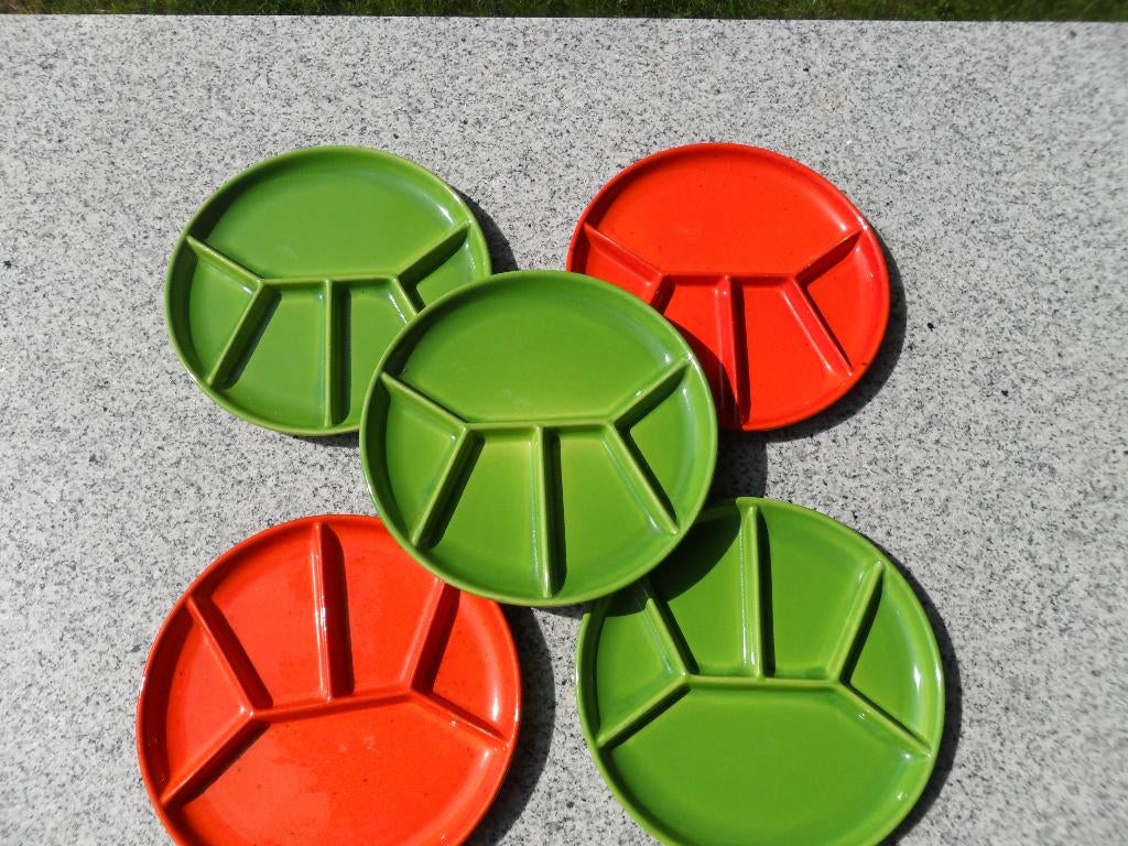 5 vintage keramiek fondueborden, groen en oranje jaren 70, Ophalen of Verzenden, Keramiek, Overige stijlen, Overige typen