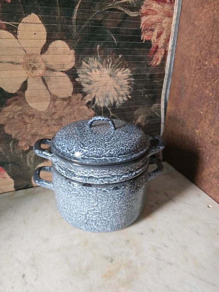 Grijs gewolkte emaille stoompan rijstpan, Antiek en Kunst, Antiek | Emaille, Ophalen of Verzenden