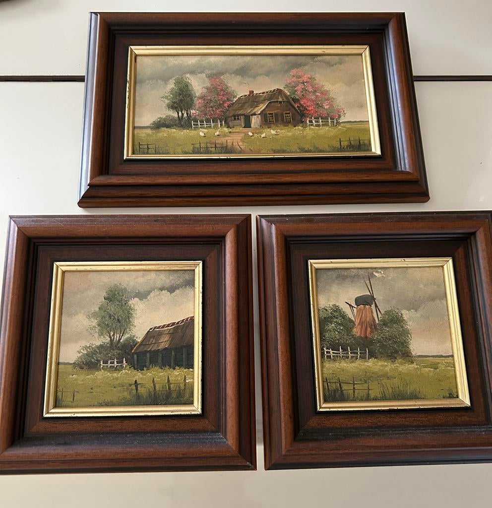 Drie ingelijste olieverfschilderijen, Antiek en Kunst, Ophalen of Verzenden