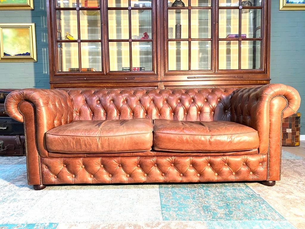 Stoere Chesterfield bank vintage cognac GRATIS BEZORGD, Ophalen of Verzenden, Zo goed als nieuw, Rechthoekig, Leer