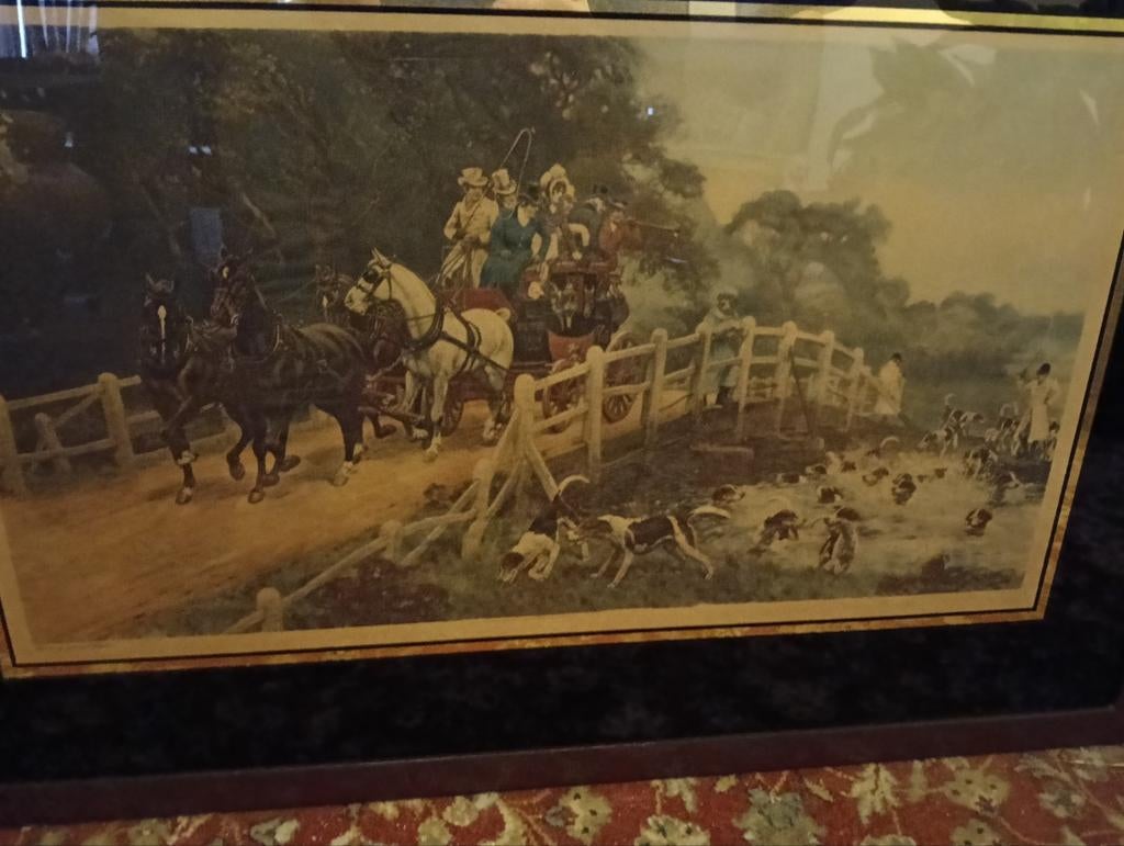 Schilderij van een koets en honden, Antiek en Kunst, Kunst | Schilderijen | Klassiek, Ophalen of Verzenden