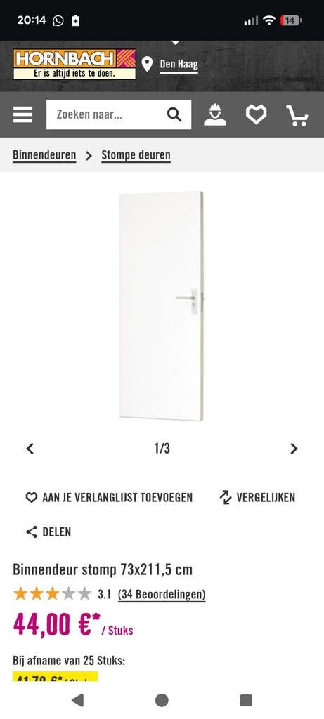 Nieuwe stompe binnendeur 73x211,5 cm Hornbach, Ophalen, Minder dan 80 cm, Binnendeur, Nieuw