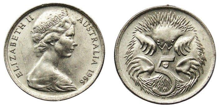 ** 1966  -  AUSTRALIE  -  5 Cent Elizabeth -  ERROR MUNT **, Ophalen of Verzenden, Losse munt