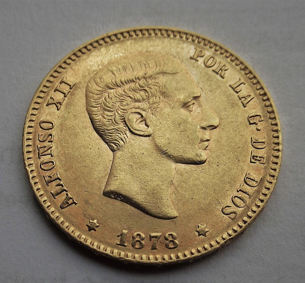 Spanje 25 pesetas 1878, Verzenden, Overige landen, Goud