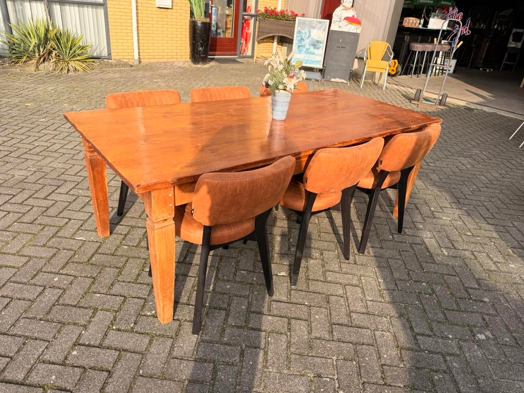 Stamtafel eettafel 220x100 massief hout tafel, 200 cm of meer, Zo goed als nieuw, Vijf personen of meer, Koloniaal klassiek cafe bar kroeg mancave kantine