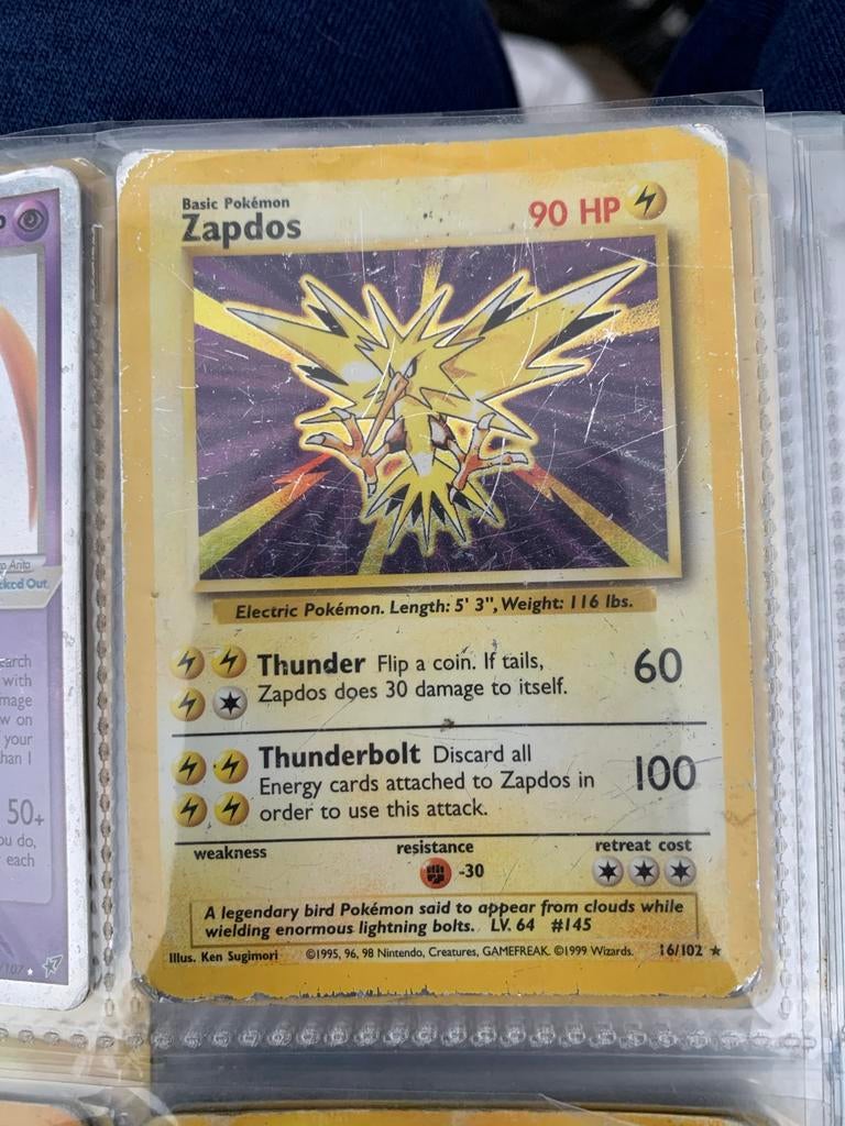 Zapdos holo 1995 Pokémon kaart 16/102, Ophalen of Verzenden, Gebruikt, Losse kaart, Foil