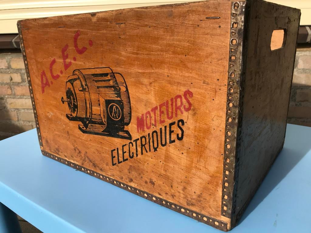 Vintage houten kist ACEC Moteurs Electriques, Ophalen