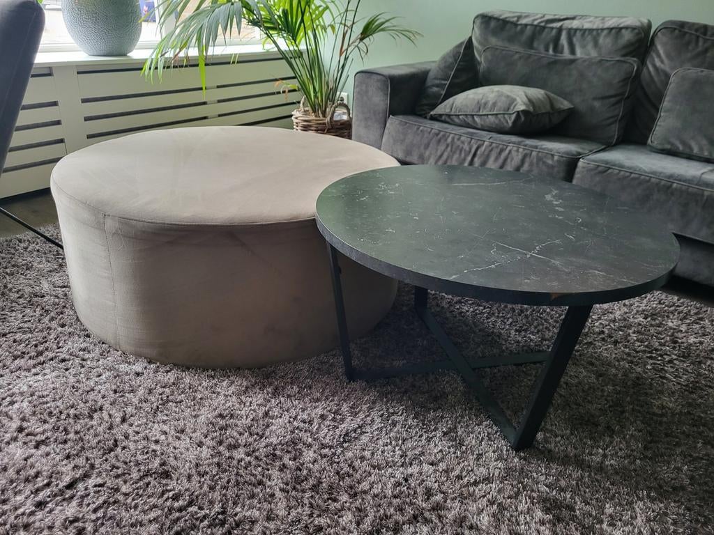 Salontafel en poef/tafel (grijs/taupe/groen), Ophalen