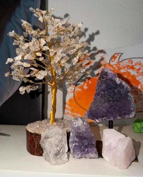 Mooi Edelstenen Boompje met Amethist en Rozenkwarts, Ophalen of Verzenden, Zo goed als nieuw