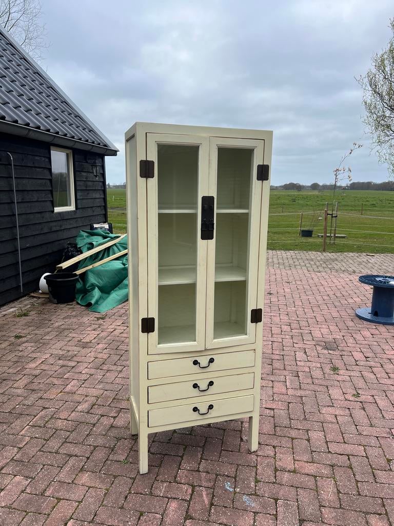Massief houten kast met glazen deuren en lades, Huis en Inrichting, Kasten | Overige, Ophalen, Gebruikt