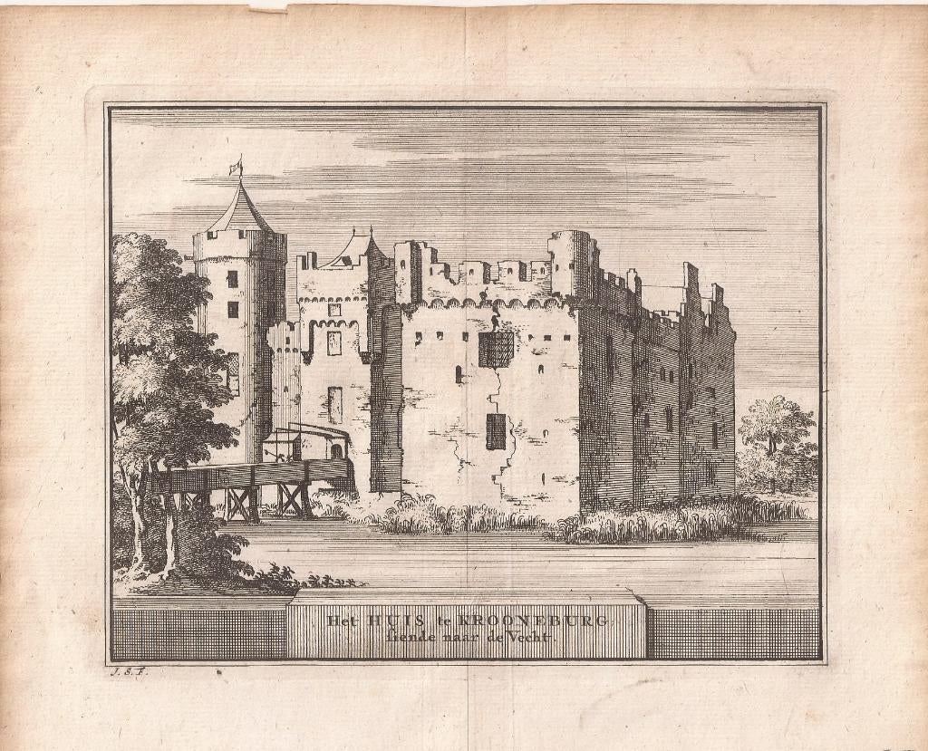 Het Huis te Kronenburg siende naar de Vecht 1711 Loenen, Origineel, Architectuur, Ophalen of Verzenden, Gravure
