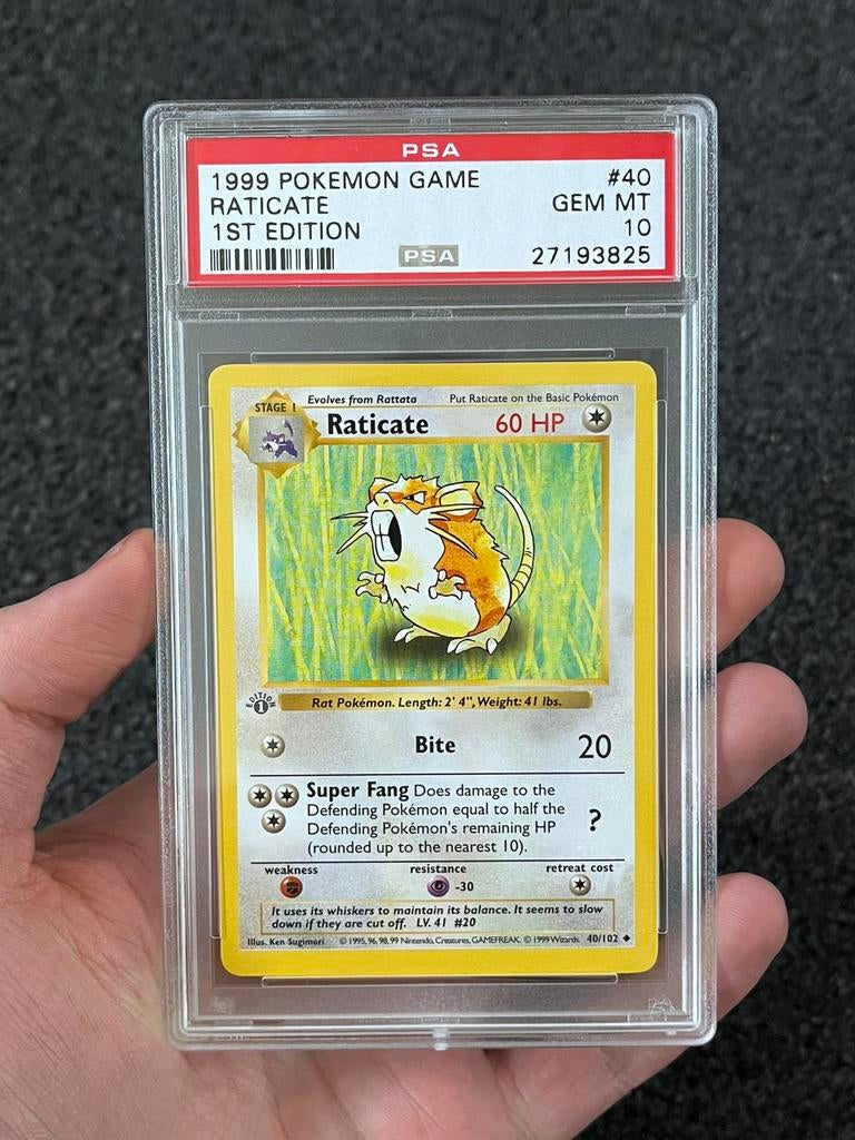 Pokémon PSA 10 1st edition Raticate #40 Base set, Ophalen of Verzenden, Zo goed als nieuw, Losse kaart, Foil