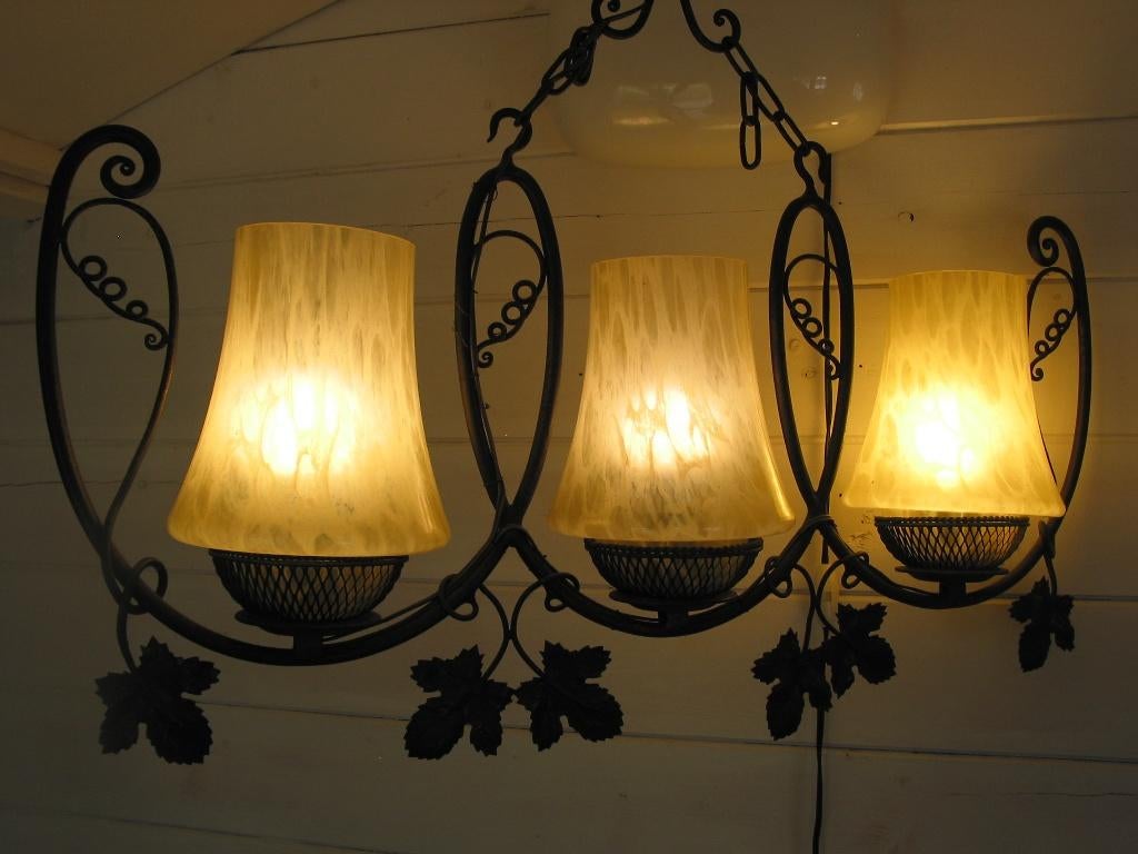 hanglamp smeedijzer landelijk druif blad gemarmerd glas., Ophalen