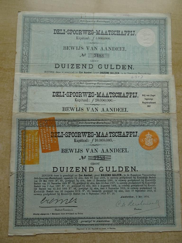 3 verschillende Deli-Spoorweg Maatschappij Aandelen., Postzegels en Munten, Aandelen en Waardepapieren, Ophalen of Verzenden, Voor 1920